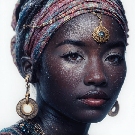 portrait of a beautiful African woman with jewelry on her faceの素材