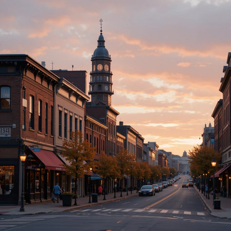 Sunset over the Town Hall in Baltimoreland, USA.の素材