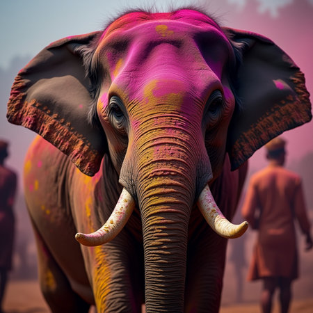 Indian people and elephants in Pushkar, Rajasthan, Indiaの素材