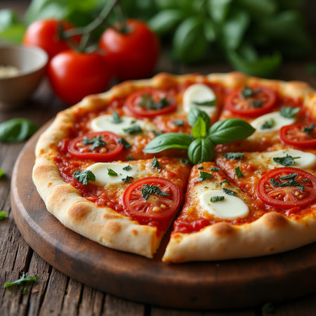 Pizza Margherita with mozzarella, tomatoes and basil on wooden backgroundの素材