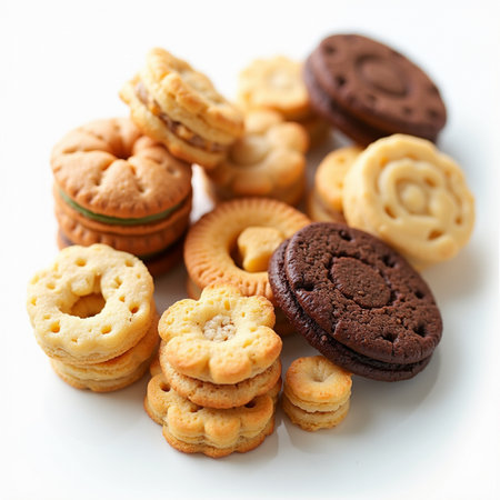 Assorted cookies on white background. Selective focus. Shallow dof.の素材