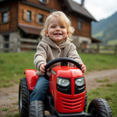 Adorable little girl playing on a toy tractor outdoors in the countrysideの素材