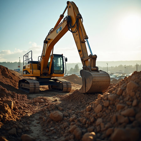 Excavator working on a construction site. Backhoe digs ground at a construction site.の素材