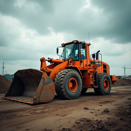 Orange bulldozer on a construction site against cloudy sky. Toned.の素材