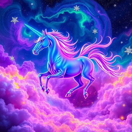 Unicorn and magic clouds in the sky. 3D renderingの素材