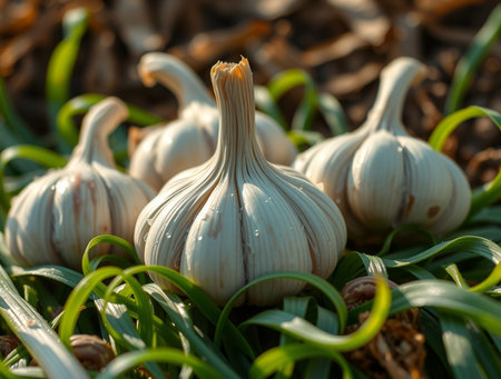 Garlic bulbs on the ground in the garden. Close up.の素材