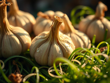 Garlic on the green grass. Close-up. Selective focus.の素材