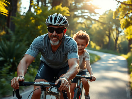 Father and son cycling together in the park. They are smiling.の素材