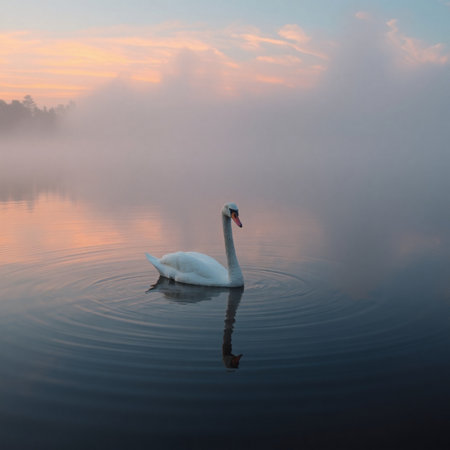 White swan on the lake at sunrise. Beautiful swan in the morning fog.の素材