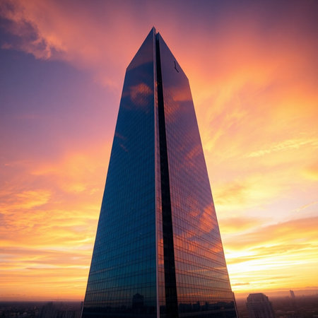 Modern skyscraper at sunset in Moscow, Russia. Business background.の素材