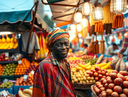 Portrait of a smiling African woman selling fruits at the marketの素材
