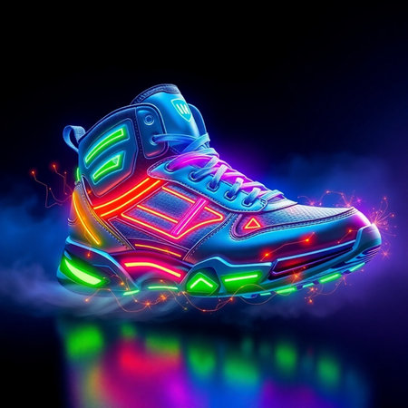 Sneakers in neon lights on a black background. 3d renderingの素材