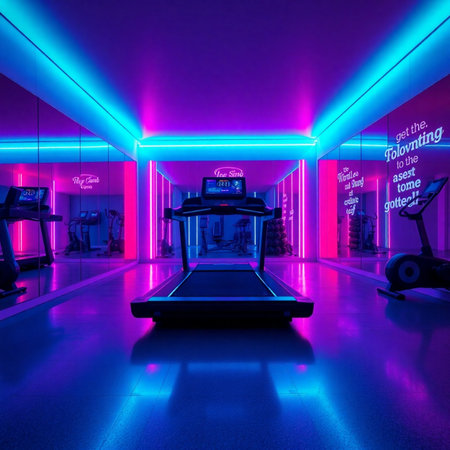 3d rendering of a fitness room with a treadmill and neon lightsの素材