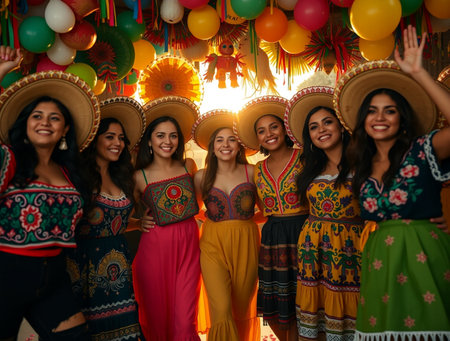 Group of young women in traditional Mexican costume with colorful balloonsの素材