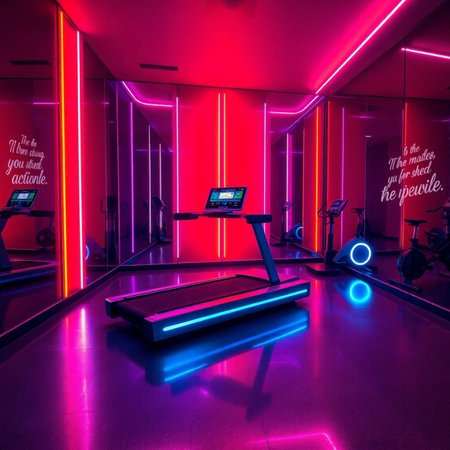 Futuristic gym interior with red and blue neon lights. 3D renderingの素材