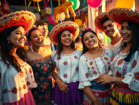 Group of young friends wearing traditional Mexican sombrero hats and smiling.の素材