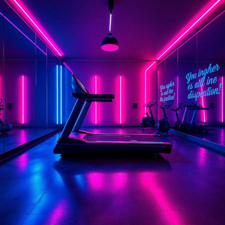 Interior of a modern fitness club with pink and purple neon lightsの素材
