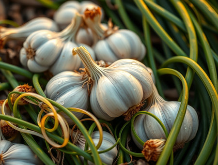 Garlic in the garden. Selective focus with shallow depth of field.の素材