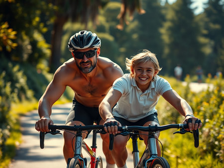 Happy father and son cycling in the park on a sunny day.の素材