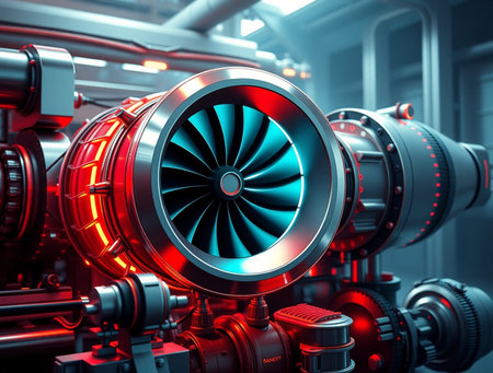 3d rendering of a powerful fan engine in a factory with red lightsの素材