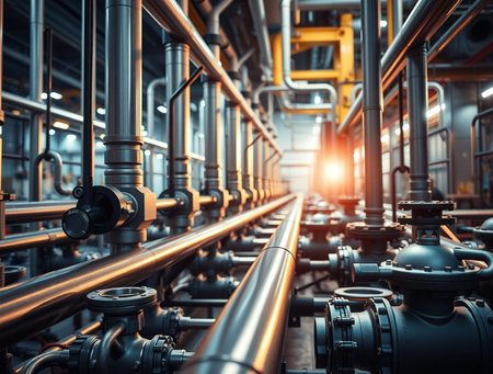 Equipment, cables and piping as found inside of a modern industrial power plantの素材