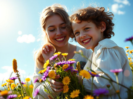 Mother and daughter with flowers in the meadow. Happy family.の素材
