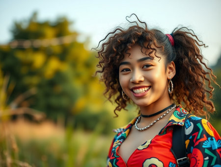 Portrait of a beautiful young African American woman with curly hairの素材