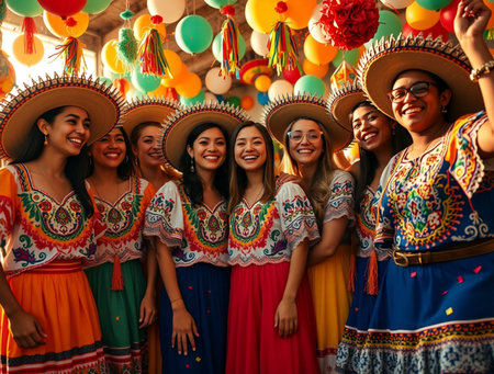 Group of young women wearing traditional Mexican dresses and sombrero hatsの素材