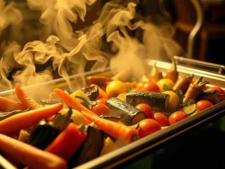 Vegetables cooked on fire in a restaurant, close-upの素材