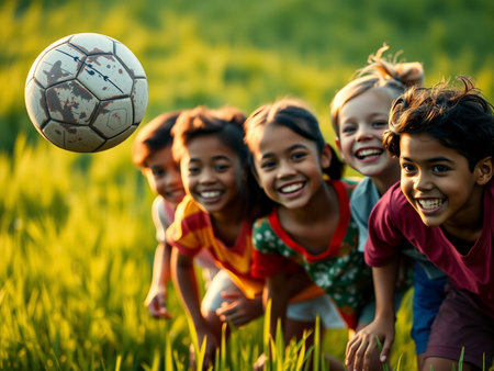 Portrait of a group of kids playing soccer in the field.の素材