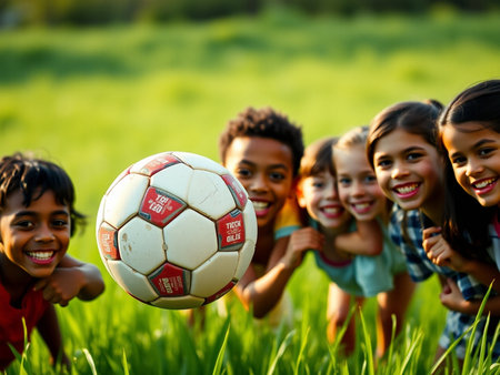 Group of happy kids holding soccer ball and smiling at camera in the parkの素材
