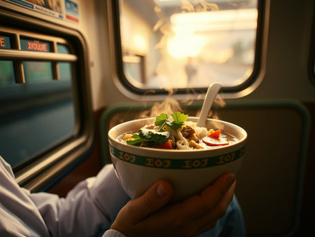 A man in a white coat holds a bowl of noodle soup in the train.の素材
