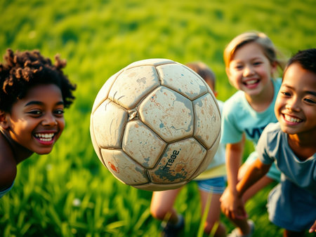 Group of happy children playing soccer in the field. Selective focus.の素材