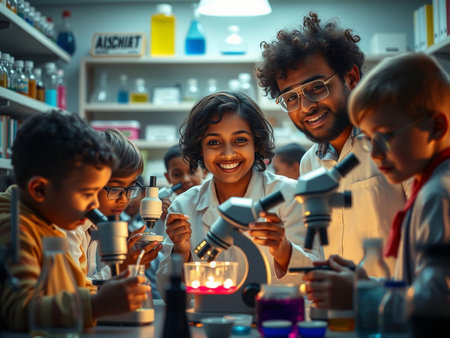 Group of children in science class. They are looking at microscope and smiling.の素材