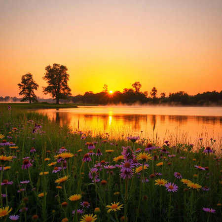 Beautiful summer landscape with lake and wildflowers. Sunset.の素材