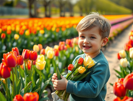 Cute little boy with tulips in the field at spring timeの素材