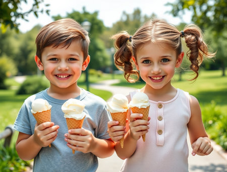 Two happy children, boy and girl, eating ice cream in the parkの素材