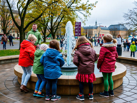 Children at the fountain in Frankfurt, Germanyの素材