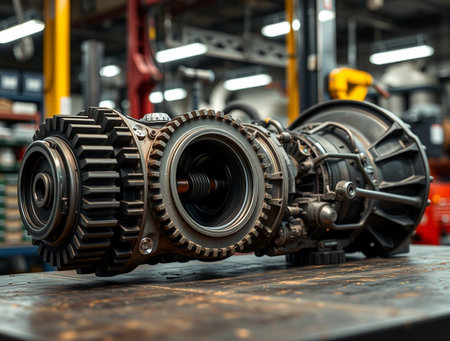 Close up of the gearbox of a modern car in a workshopの素材