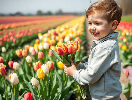 Cute little boy with tulip flowers in the spring field.の素材