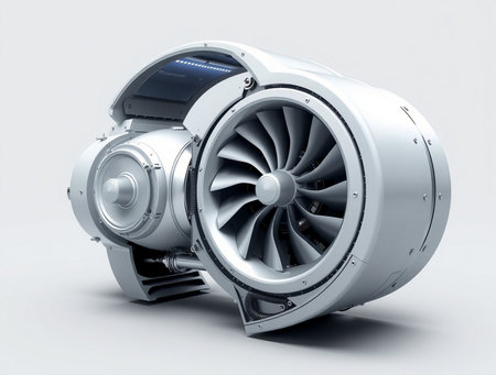 3d rendering of a jet engine on a white background with shadowの素材