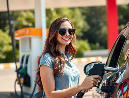 smiling woman in sunglasses refueling car at gas station on summer dayの素材
