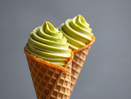 Ice cream in waffle cone on gray background, close-upの素材