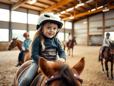 Little girl riding a horse in a riding school. Children's sport.の素材