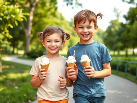 Cute little boy and girl eating ice cream outdoors on summer dayの素材