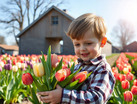 Cute little boy with tulip bouquet in the garden.の素材