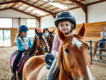 Little girl riding a horse on a farm with her friends in the backgroundの素材