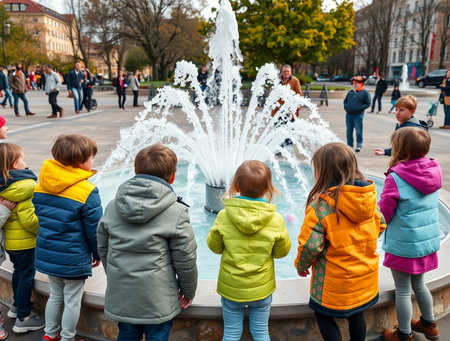 Unidentified children playing with fountains in Krakow, Poland. Krakow is the ninth largest city in Poland.の素材