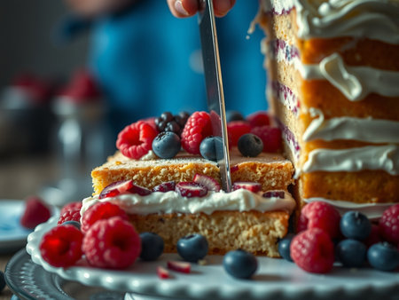 Piece of cake with cream and berries. Selective focus.の素材