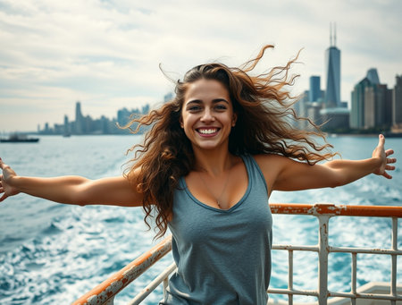 Beautiful young woman on the deck of a cruise ship traveling in New York Cityの素材